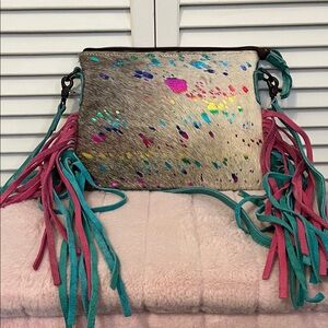 American Darling Turquoise and Pink Cow Hide Fringe Crossbody Bag